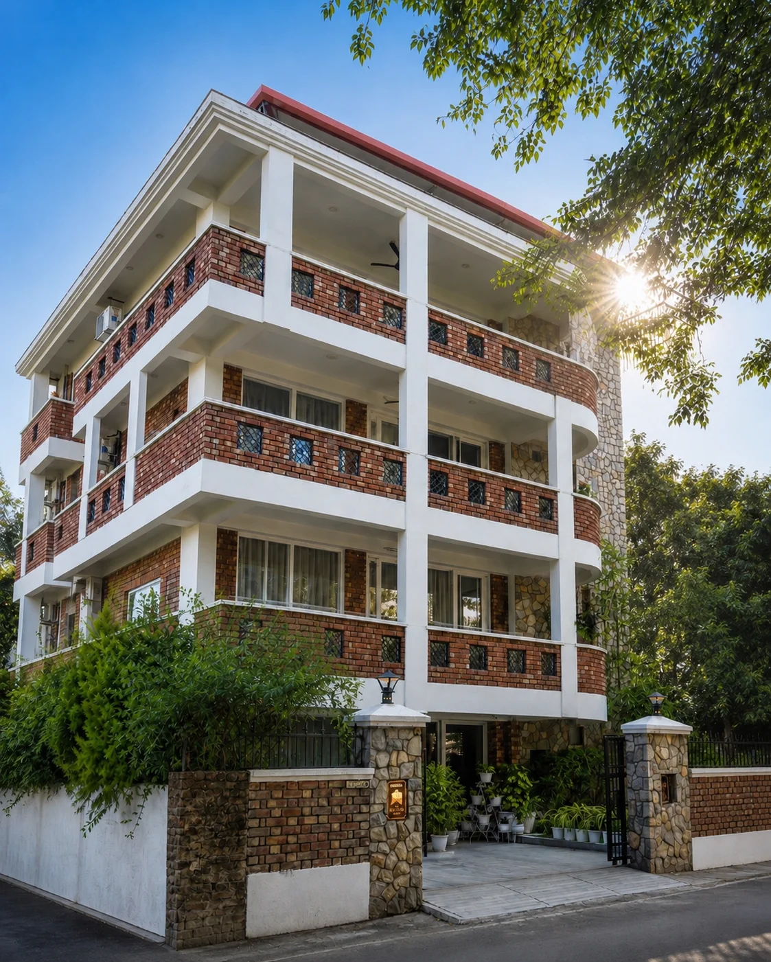 Architectural design and brick exterior of our premium homestay in Dehradun Dalanwala